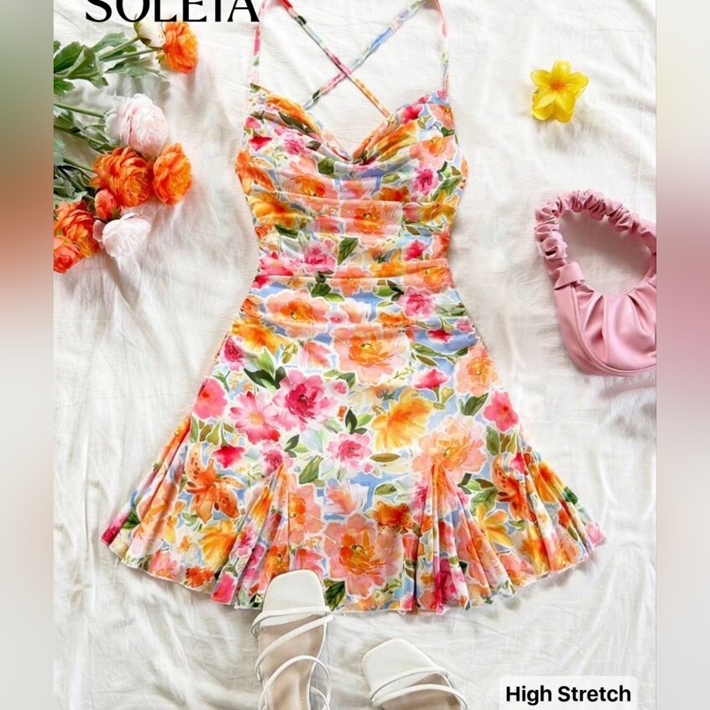 Multicolor Boho Women's Tropical Print Lace Up Back Cami Spring Summer Dress M